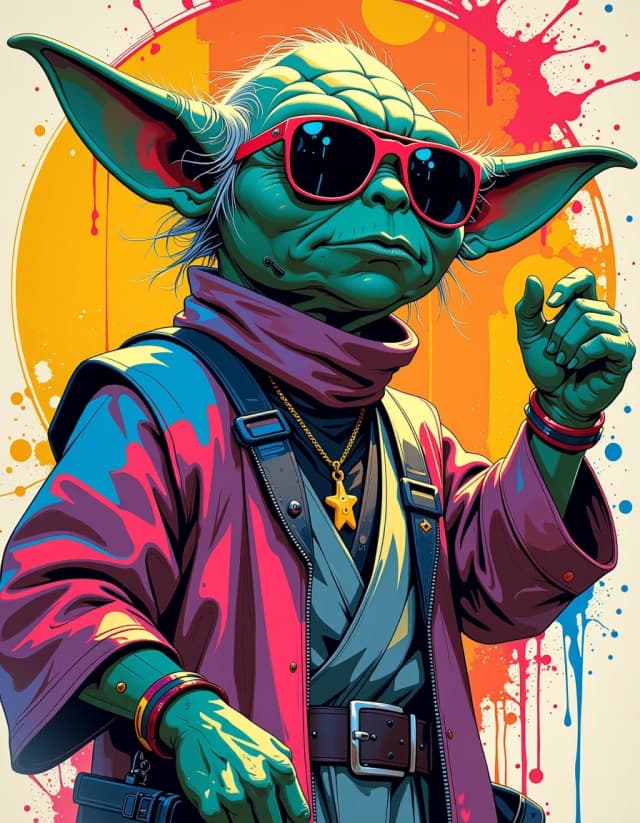 A masterpiece,  in the style of the 1980s, with bold lines, dynamic strokes and rich textures, on background with a touch of nostalgia, perhaps with subtle drawings inspired by cellulose and vintage, worn textures similar to paper, oil painting, colourful, yoda with sun glasses, dancing at a festival, ink splash, 8k,
detailed, intricate, full color, cinematic, expansive, bright, wonderful,
elegant, highly emotional, sharp focus, professional, winning, vivid,
beautiful, creative, amazing, attractive, delicate, epic, coherent,
colorful, best, expressive, brilliant, symmetry, hdr