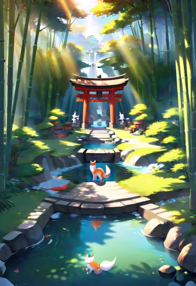 a Japanese shrine dedicated to kitsune, bamboo groves and small lakes along the sides, sunny weather, outline.