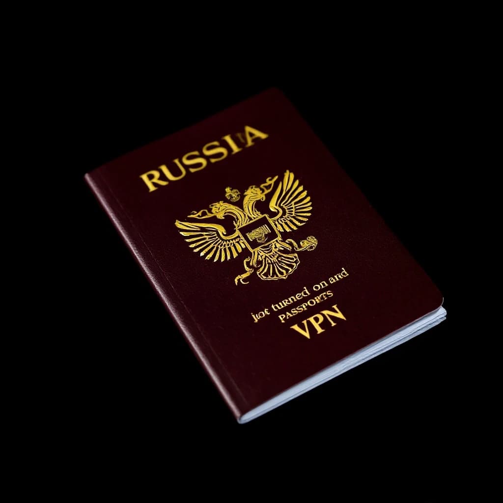 Российский загранпаспорт на абсолютно черном фоне, темно-бордовая обложка с золотым двуглавым орлом и надписью "Просто включил VPN",, студийное освещение, блики, макросъемка, высокое разрешение, фотореализм.