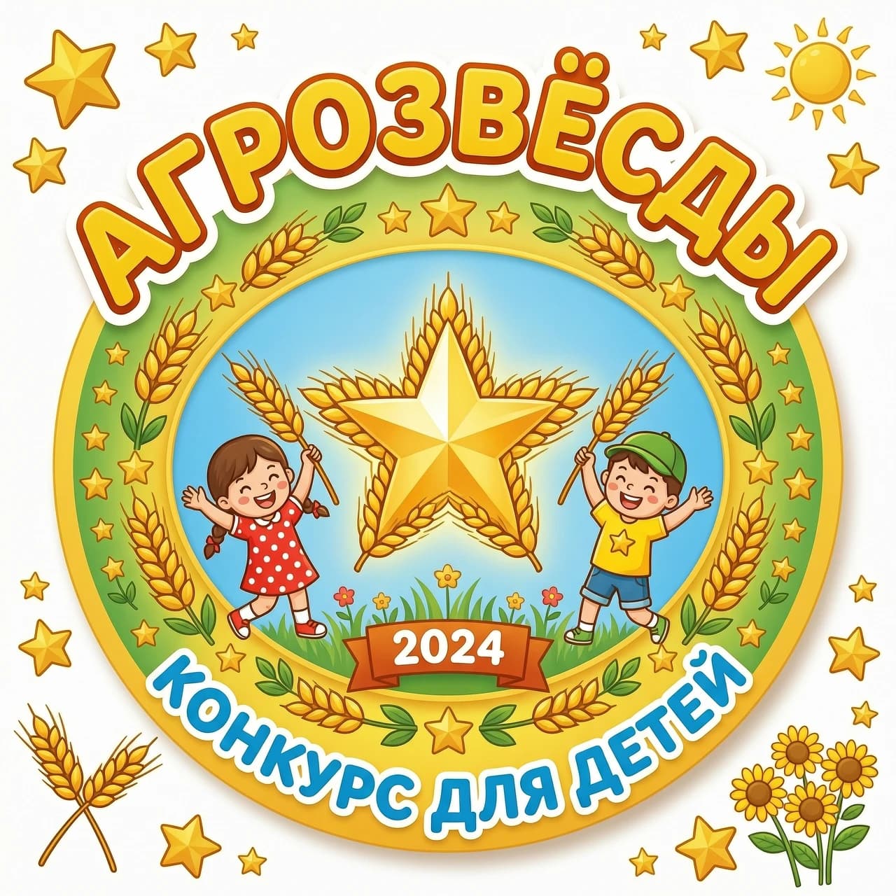 Эмблема с названием АГРОЗВЁЗДЫ. На эмблеме должна быть звезда, колосья ( Или звезда из колосьев), что- то сельскохозяйственное и могут быть дети. Эмблема должна быть яркая, так как это конкурс для детей. Можно чтоб надпись была только АГРОЗВЁЗДЫ.