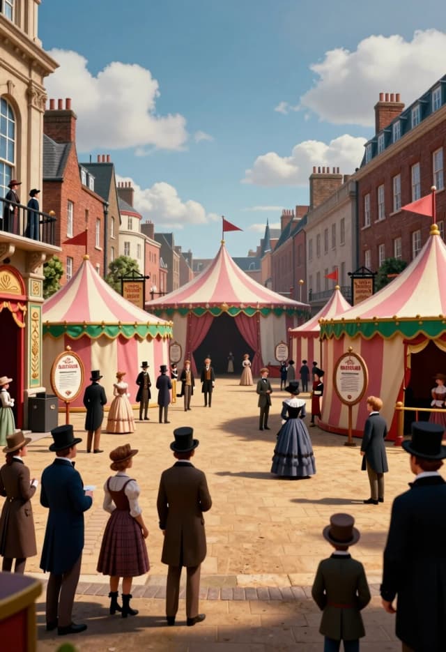 Создай кинематографичную фотореалистичную 3D‑иллюстрацию в стиле высокобюджетного исторического фильма — оживлённую сцену у входа в викторианский цирк. В центре композиции — широкая мощёная улица, уходящая в глубину кадра, по обе стороны — массивные городские здания с кирпичной кладкой, лепниной и высокими окнами. На переднем плане — плотная толпа нарядно одетых горожан: мужчины в цилиндрах, сюртуках и жилетах, дамы в пышных платьях с кринолинами, дети в аккуратных костюмах; позы естественные, будто люди замерли в моменте оживлённого разговора или разглядывания афиш.

Доминируют полосатые шатры и павильоны в розово‑кремовой гамме с зелёными и золотыми акцентами; над ними — флаги на высоких флагштоках. Вдоль улицы — богато декорированные вывески с витиеватой типографикой и орнаментами, круглые афишные щиты на столбах, гирлянды и растяжки. Слева — фрагмент фасада с крупными декоративными панно и балконом, на котором стоит зритель.

Освещение — мягкий дневной свет с тёплыми золотистыми бликами и чёткими, но не резкими тенями; небо — светло‑голубое с объёмными кучевыми облаками. Детализируй каждую пуговицу, складку ткани, текстуру кирпича, резьбу на вывесках, отдельные нити в полотнищах флагов, зёрна брусчатки. Палитра — сдержанная, с преобладанием бежевых, терракотовых, приглушённых розовых и глубоких синих тонов.