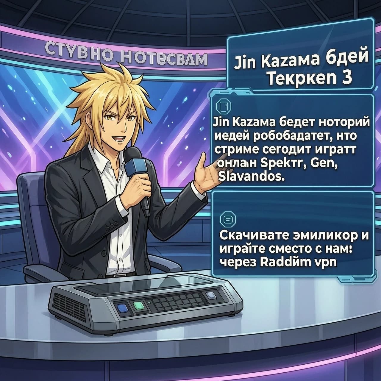 Студия новостей, Jin Kazama ведет новости Теккен 3, и объявляет, что на стриме сегодня играют онлайн Spektr, Gen, Slavandos. ведущий сообщает: Скачивайте эмулятор и играйте вместе с нами через Radmin vpn