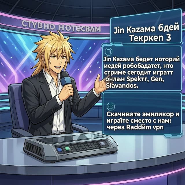 Студия новостей, Jin Kazama ведет новости Теккен 3, и объявляет, что на стриме сегодня играют онлайн Spektr, Gen, Slavandos. ведущий сообщает: Скачивайте эмулятор и играйте вместе с нами через Radmin vpn