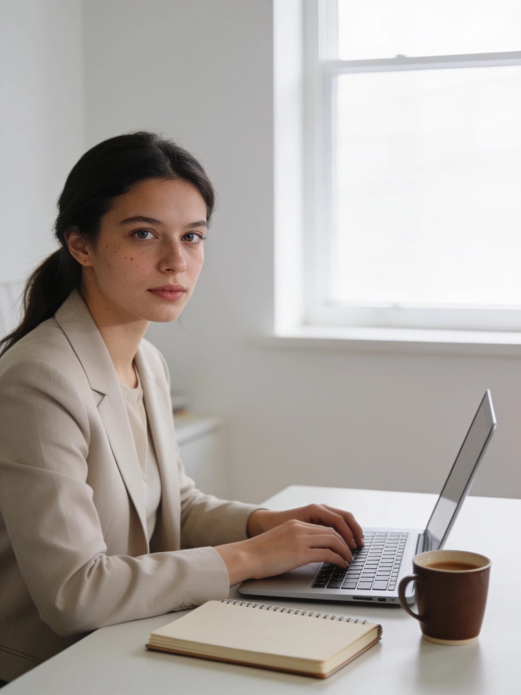Photorealistic commercial stock photograph of a young professional woman working remotely in a bright minimalist home office, sitting at a laptop beside a notebook and coffee cup, natural window light, authentic focused expression, realistic skin texture, subtle natural imperfections, tidy but lived-in interior, soft neutral color palette, ample copy space on the right, candid lifestyle photography, full-frame camera, 35mm lens, sharp eyes, natural depth of field, high resolution, no logos, no readable text, no watermark --ar 3:2 --style raw --s 50 --v 6.1