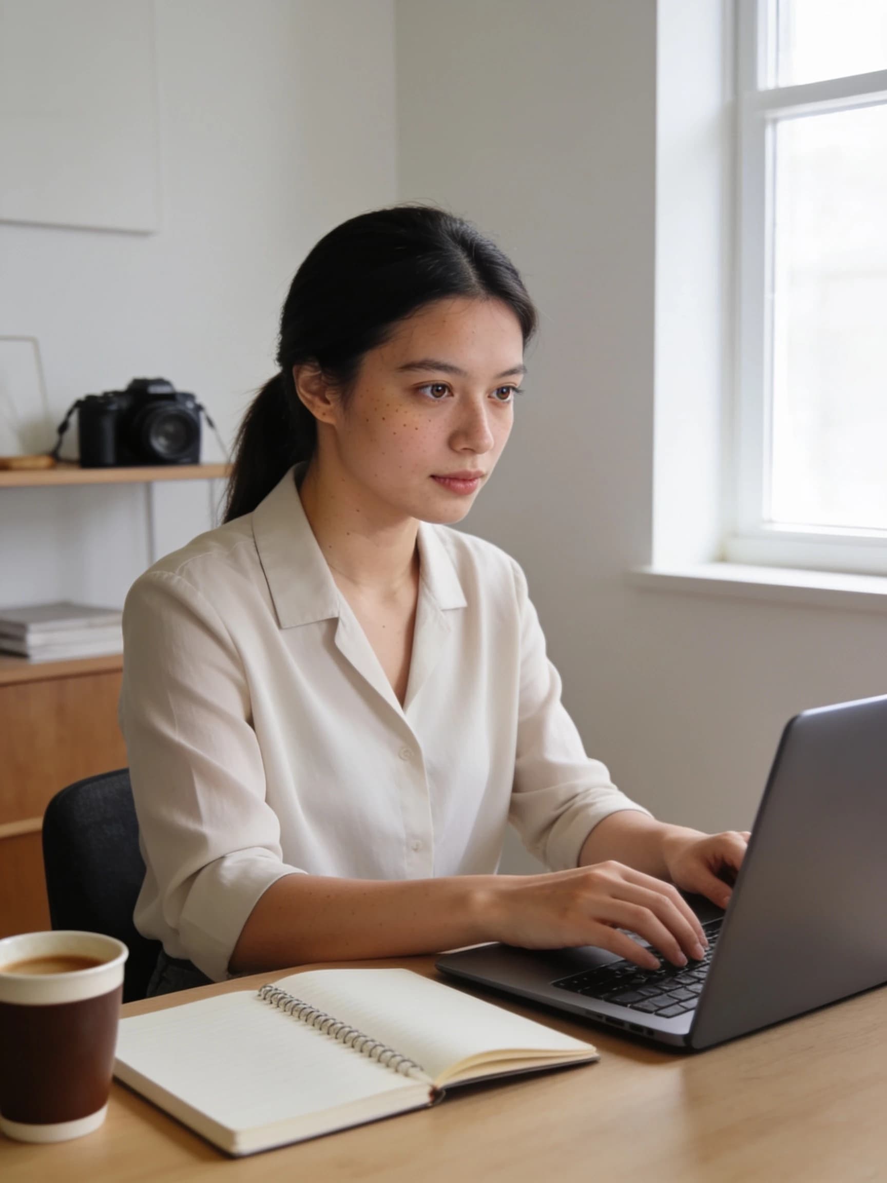 Photorealistic commercial stock photograph of a young professional woman working remotely in a bright minimalist home office, sitting at a laptop beside a notebook and coffee cup, natural window light, authentic focused expression, realistic skin texture, subtle natural imperfections, tidy but lived-in interior, soft neutral color palette, ample copy space on the right, candid lifestyle photography, full-frame camera, 35mm lens, sharp eyes, natural depth of field, high resolution, no logos, no readable text, no watermark --ar 3:2 --style raw --s 50 --v 6.1
