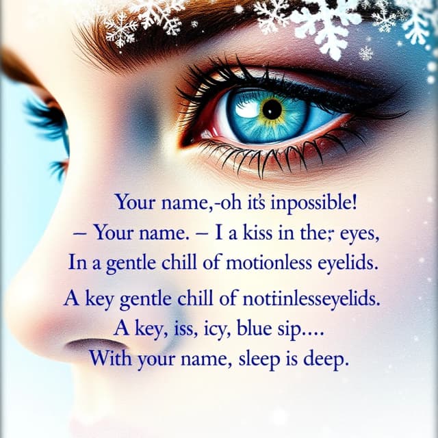 Your name — oh, it’s impossible! —
Your name is a kiss in the eyes,
In the gentle chill of motionless eyelids.
Your name is a kiss in the snow.
A key, icy, blue sip…
With your name, sleep is deep.” (Style):romantic fantasy, the Silver Age, close‑up, poem, art design, gradient, elegance, dedication. Marina Tsvetaeva, Alexander Blok.
Inner light. High quality, 4K, intricate details. Column text. Text color: graphite-pearl. Beautiful italic Italian font decorated with snow patterns.