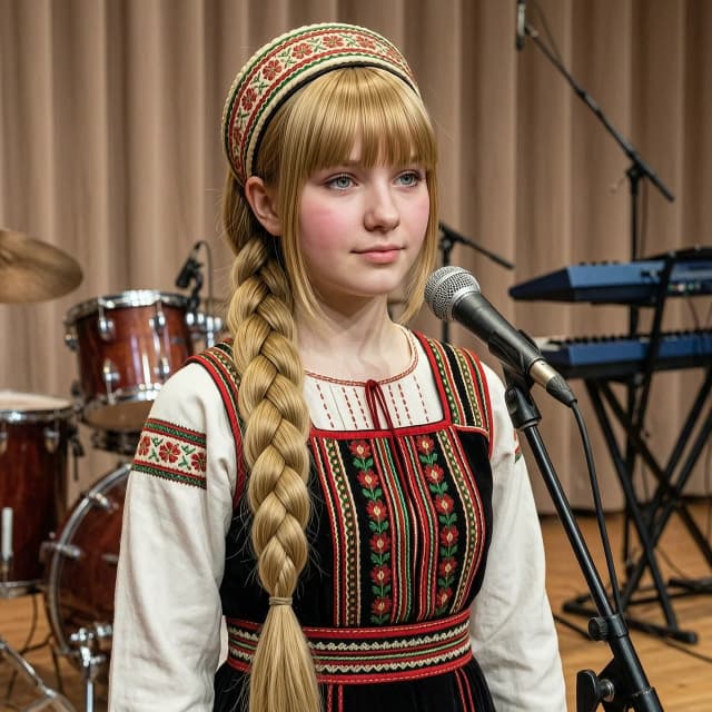 Портрет 17-летней русской красавицы Алёнки в стиле гиперреализма с элементами классической живописи маслом. У неё длинная, одна толстая коса соломенного цвета, перекинутая через плечо, и аккуратная прямая чёлка, обрамляющая лицо, по бокам на щёки спадают тонкие короткие прядки волос в стиле анимэ. Кожа нежная, с легким румянцем, глаза светлые и выразительные. Она одета в традиционный славянский сарафан с тонкой вышивкой. Композиция — крупный план (close-up), направленный на лицо и текстуру косы. Она стоит на сцене перед микрофоном, сзади барабанная установка и синтезатор. Высокая детализация текстуры волос, ткани и кожи, 8k, кинематографический эффект. На голове кокошник.