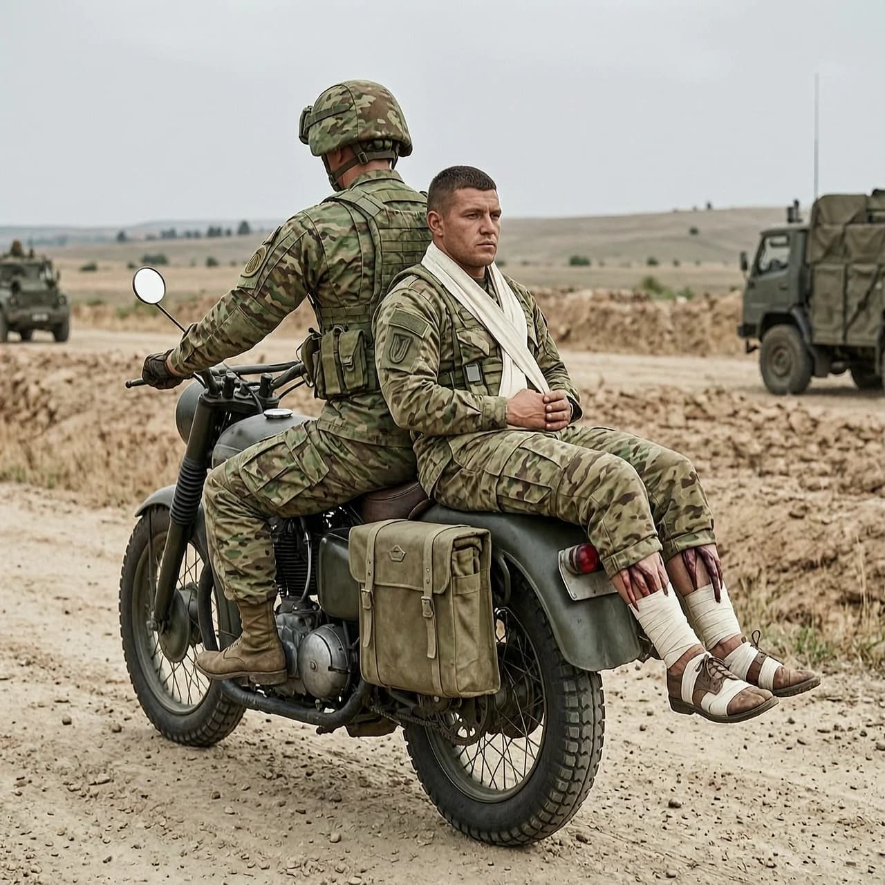 Военный мотоциклист сзади себя везёт бойца с культями ног в бинтах