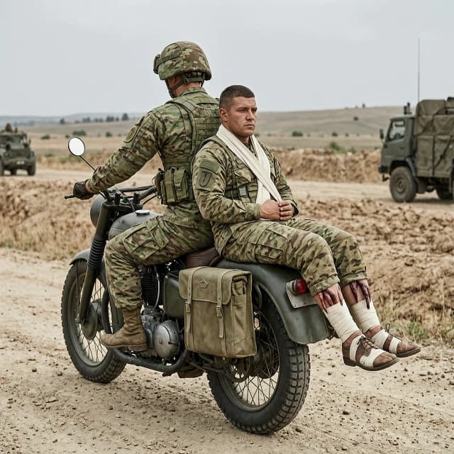 Военный мотоциклист сзади себя везёт бойца с культями ног в бинтах