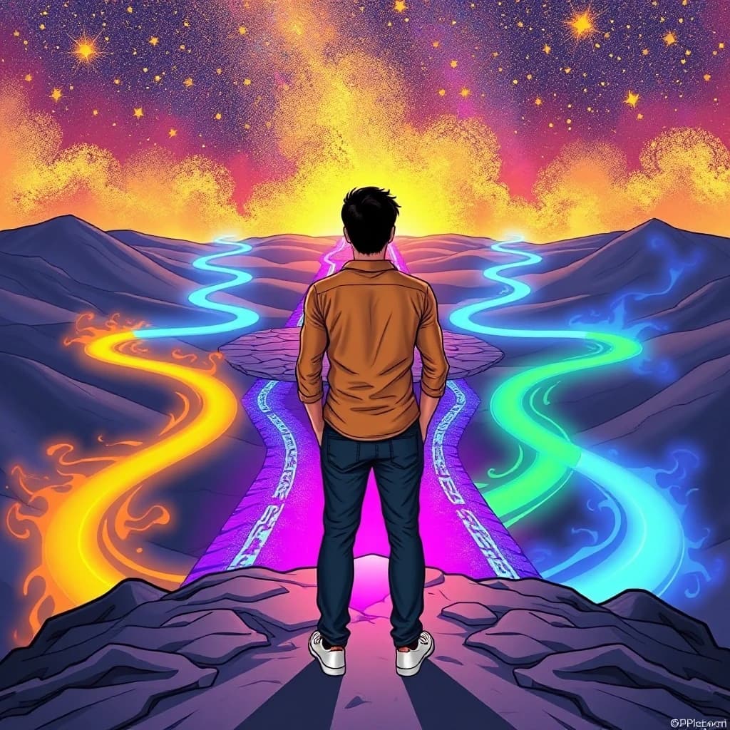 A person stands at a crossroads with infinite paths ahead — each glowing with a different color. They are not looking back. They are choosing with confidence. The sky above is filled with stars. Style: inspiring comic art, gold, purple, blue, luminous paths, epic choice.