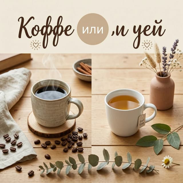 Фотореалистичная композиция «Кофе или чай» в стиле hygge, единая тёплая цветовая гамма (бежевый, кремовый, оливковый, тёплый коричневый), мягкий рассеянный свет, 8K.

Кадр поделён вертикальной линией на две части: слева — керамическая кружка с чёрным кофе, лёгкий пар, вокруг — кофейные зёрна на деревянной подставке, слева — небрежно сложенная льняная ткань; справа — аналогичная чашка с чаем, рядом — чайный пакетик с ниткой, веточка свежей зелени, на фоне — лаконичная ваза с сухоцветами.

В верхней части — крупная надпись курсивом «Кофе или чай». По центру между словами — круг бежевого оттенка с белой надписью «или». Под словами «Кофе» и «Чай» — минималистичные сердечки с лучами.

Внизу — изящная веточка с листьями, она плавно завершает композицию и поддерживает единую палитру.

Сбалансированная композиция, проработанные текстуры (керамика, дерево, ткань), уютная и гармоничная атмосфера.