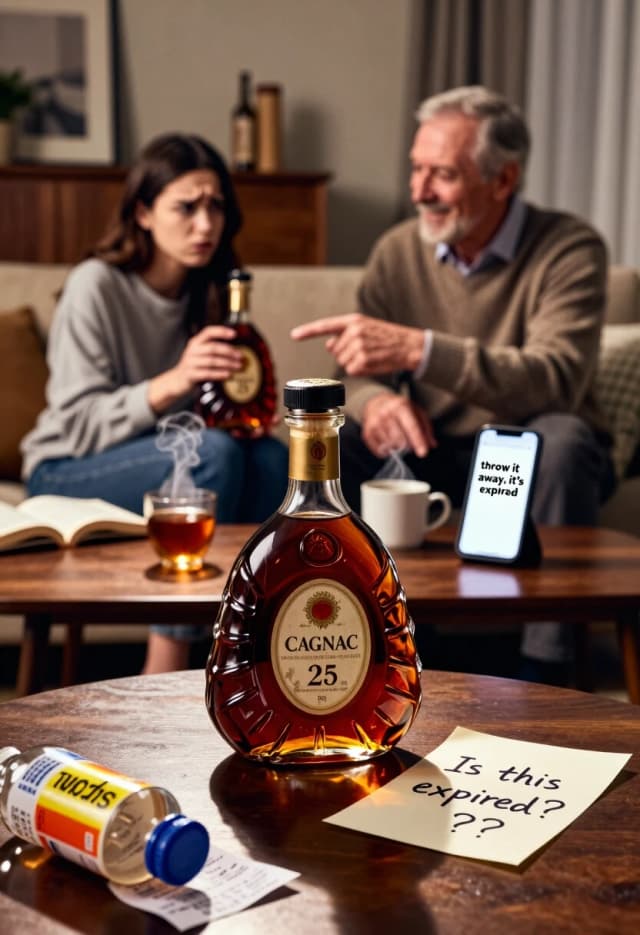 Photorealistic, 8K, cinematic composition with layered depth of field.

Foreground (sharp focus, macro): A vintage cognac bottle (Cognac XO, 25 Years Old) on a dark wooden table. The glass is crystal clear, the liquid inside is deep amber with rich golden reflections. The label is aged but elegant, with gold foil accents. Slightly out of focus in the very front plane: a crumpled fast‑food receipt and a cheap plastic bottle with a bright label — a visual metaphor for “uneducated taste”. Next to the bottle, a handwritten note in messy handwriting: “Это просрочено???”.

Lighting: Dramatic studio lighting — a single warm beam spotlighting the cognac bottle and the immediate foreground objects; the rest of the frame in soft shadow, high contrast.

Midground to background (gradual soft blur): A cozy living room with a wooden sideboard; the focus pulls back to reveal a young woman in casual home clothes holding another bottle, squinting at the label with confusion. Next to her, an older man (perhaps her father or uncle) in a sweater smiles gently, pointing at the age statement on the label. On a nearby table, her phone is open to a meme or chat with the text “выкинь, оно просрочено”. The room is warm and lived‑in: an open book on an armchair, a steaming mug of tea on the coffee table.

Depth & mood: Strong foreground–background separation; the sharp luxury of the cognac bottle contrasts with the blurred, relatable domestic scene. Mood: dramatic irony meets gentle family humor, high contrast between perceived “expiration” and true value. No extra text overlays beyond what’s naturally present on the bottle, note, and phone screen.