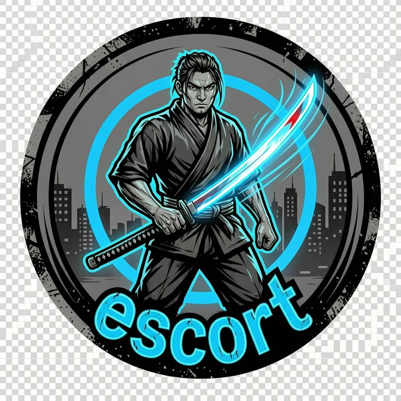 Основной промпт (1 текст):
«Логотип для игрового сообщества escort (надпись: “escort”, без других слов). Форма: круглая эмблема (круглая композиция, centered). Полуреалистичный самурай в улично-графическом стиле street-art: чёткие контуры, stencil/tрафаретные тени. Самурай держит один клинок (катана), катана наполовину вынута из ножен; лезвие с ярким холодным голубым неоновым свечением. Поза уверенная, “готовность к бою”, акцент на контроле территории и скорости через динамичные графические линии движения вокруг силуэта. Символика контроля территории: внутри круга минималистичный знак-ареал (полукольцо/мишень/кольцевая зона контроля) вокруг персонажа, без букв и без эмблем сторонних сторон. Городской urban streetwear, лёгкий гранж: текстурный шум/царапины по краям, но без размытия. На фоне внутри композиции — только графический намёк на ночной городской ритм (без явных узнаваемых надписей), приоритет — читаемость эмблемы. Палитра: чёрный, серый, неоновый голубой, и одна капля красного (акцент у лезвия или около рукояти). Требования к стилю: высококонтрастный графический логотип, хорошо читается в малом размере. Надпись “escort” встроить в нижнюю дугу внутри круга (как часть эмблемы), читабельный street/graffiti-конструктив, можно с лёгким контуром или обводкой неоновым голубым, только “escort”, никаких других слов. Фон отсутствует: прозрачный background.»

Negative prompt (весь полностью):
«без текста типа community, majestic и без любых других надписей, кроме “escort”; без других слов вообще; без фона (фон отсутствует/прозрачный только); без ночного города и силуэтов небоскрёбов; без отдельного заднего изображения; без брендов/логотипов; без размытия и без “мыльности”; без лишних цветов (только чёрный/серый/неоновый голубой/одна капля красного); без эффекта видео/анимации; без лишних предметов (никаких вторых клинков, только один клинок); без аляпистых рамок, не относящихся к эмблеме; без водяных знаков; без сложных полутонов “как фото”; без низкой читаемости в маленьком размере.»