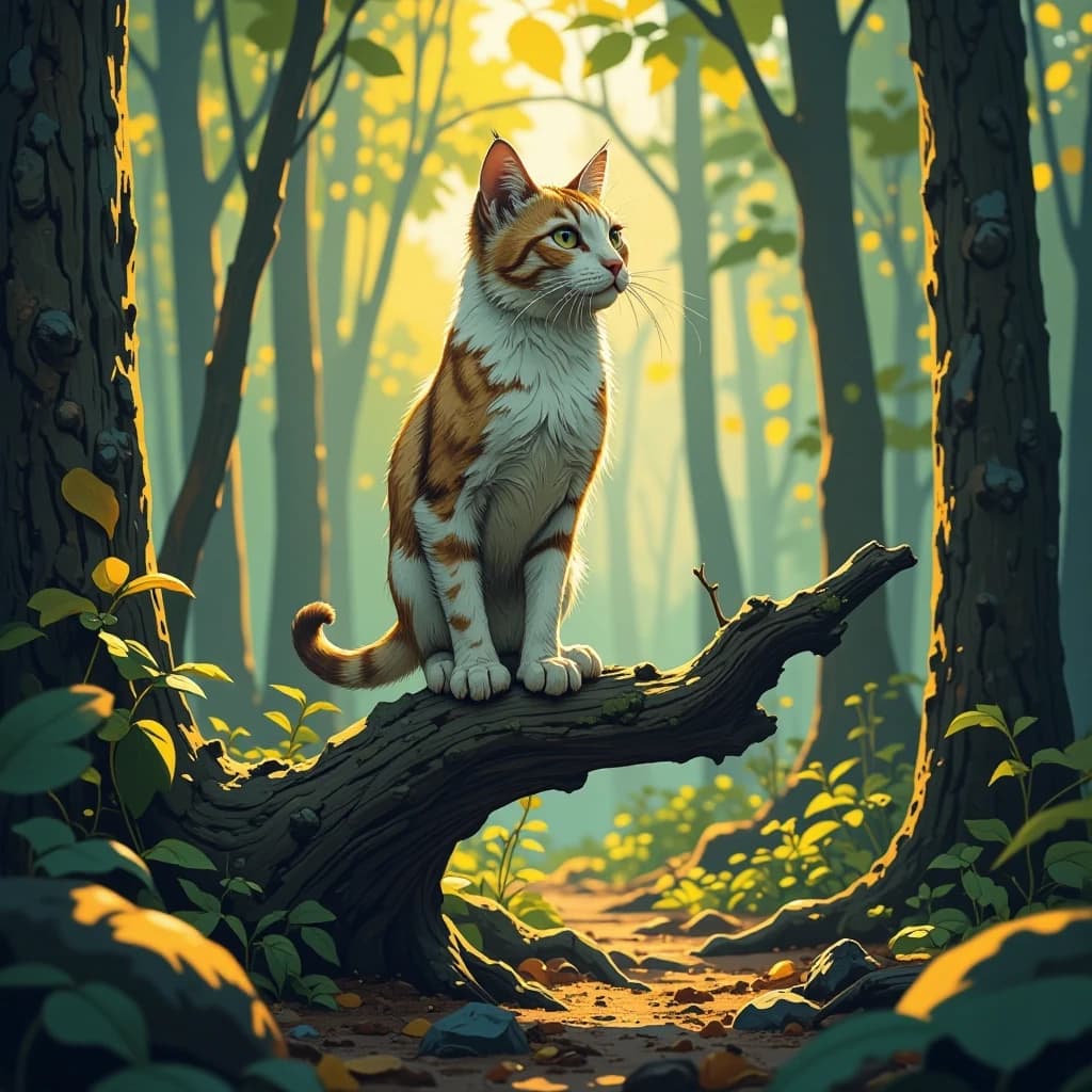 птица, лес, кот