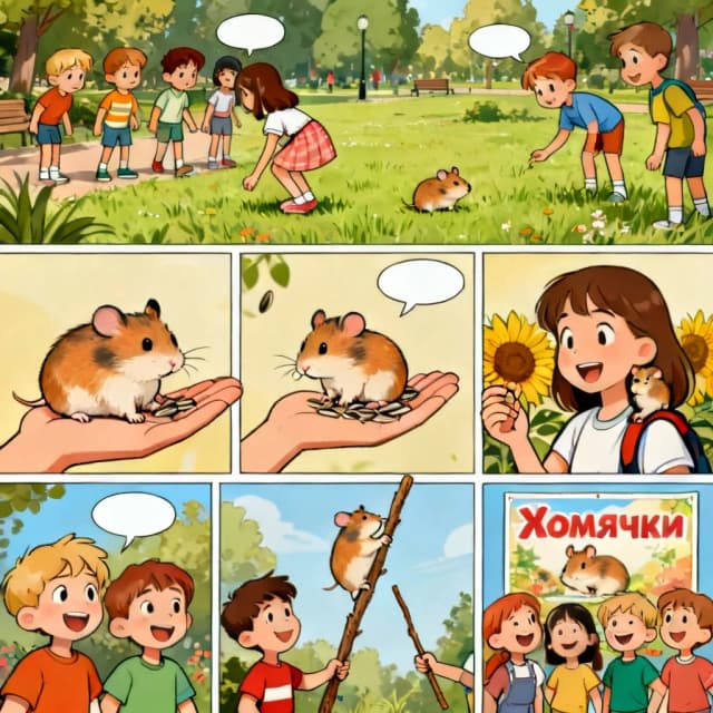 Комикс из 7 горизонтальных панелей подряд. История: команда детей «Хомячки» находит хомяка в парке, подходит к нему, девочка кормит его семечкой, хомяк берёт еду с руки, садится на плечо мальчика, дети играют с ним, а в конце все радуются с хомяком и плакатом «Хомячки». Яркий мультяшный стиль, детские рисунки, чёткие контуры, белые облачка для диалогов (пустые), дружелюбные лица, 2D иллюстрация.