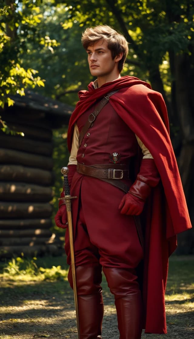 A cinematic, hyper-realistic portrait of a 25-year-old man with short voluminous, slightly wavy brown hair and a bold, heroic, and determined facial expression. He is dressed in exquisite 17th-century cavalier attire: voluminous crimson trousers, polished red thigh-high leather boots, a crisp white linen shirt with red leather gloves, and a red cloth doublet. A heavy red cloak is elegantly draped and tied over his left shoulder, flowing slightly in the breeze. The cloak is embroidered with the red and white Tudor Rose emblem at the level of the cloak. A slender rapier in an ornate scabbard hangs from a weathered leather sword belt at his waist. He stands in a proud heroic three-quarter pose, gazing thoughtfully into the far distance. The background features a rustic wooden log fortress surrounded by a palisade nestled within a lush, vibrant green ancient forest. The scene is bathed in warm, golden sunlight filtering through the canopy, creating dramatic chiaroscuro effects and dappled light patterns. High-detail textures of fabric, wood grain, and leather; epic atmosphere, shot on 35mm lens, 8k resolution, masterpiece, oil painting aesthetic with fine brushwork.