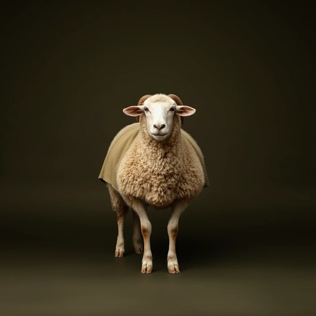 Draw a symmetrical frontal frame in the style of Wes Anderson for the A6 format. In the center is a full—length sheep (in a relaxed pose), with a light olive—colored cape on her shoulders. The background is a muted matte olive, without unnecessary elements. Palette: olive, dark gray, brown, beige. The lighting is subdued, atmospheric, and soft shadows. High detail: the texture of the cape fabric, the proportions of the sheep are anatomically precise. No labels. 8K, cinematic style.