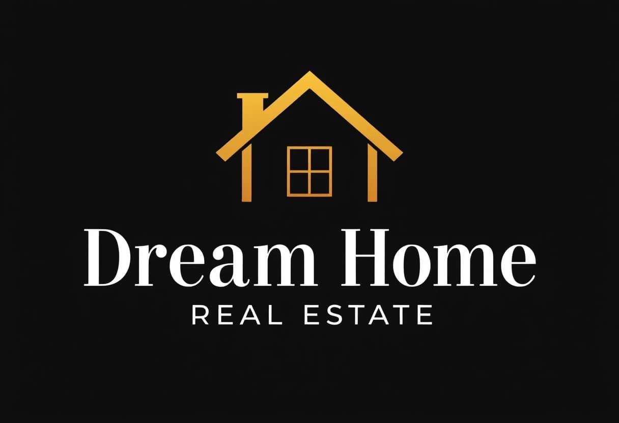 "Dream Home Real Estate logo, stylized house icon with chimney and window, gold color, minimalist design, white text on black background."