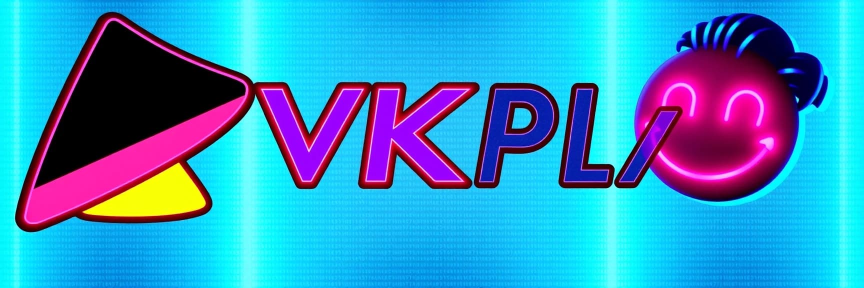 создай изображение, слева логотип VKPLAY справа изображение смайлик Red-John-Smiley-Face на фоне с градиентным  переходом светлых оттенков синего