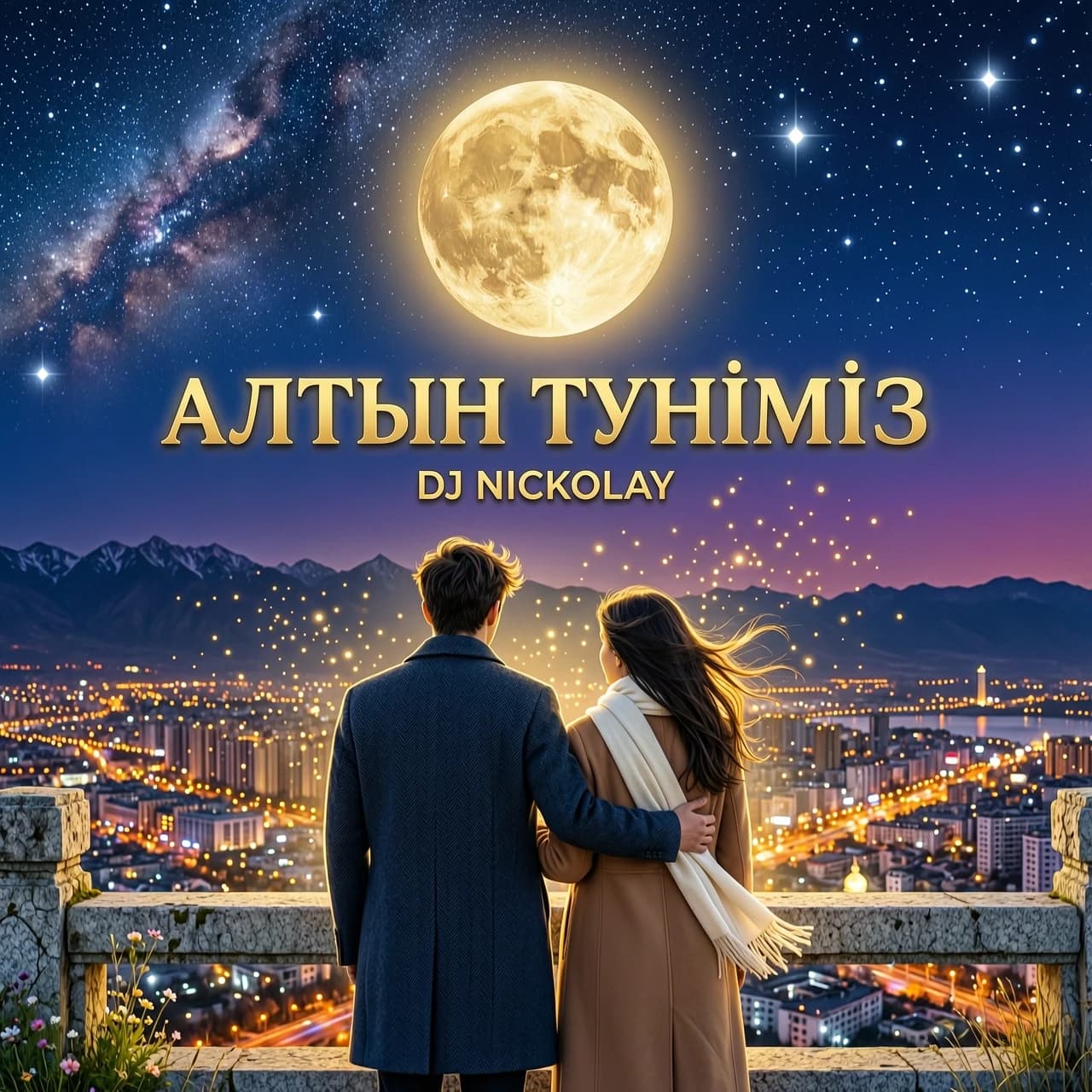 Ночная Алматы. На переднем плане парень и девушка стоят рядом на смотровой площадке, вид со спины. Перед ними — город в миллионах огней, а над горами огромная золотистая луна.

Между ними мягкое золотое свечение, будто сама ночь стала золотой. В воздухе лёгкие светящиеся частицы, тёплый ветер, волосы слегка развеваются.

Название крупно в центре:

АЛТЫН ТҮНІМІЗ

Ниже маленьким:
DJ NICKOLAY