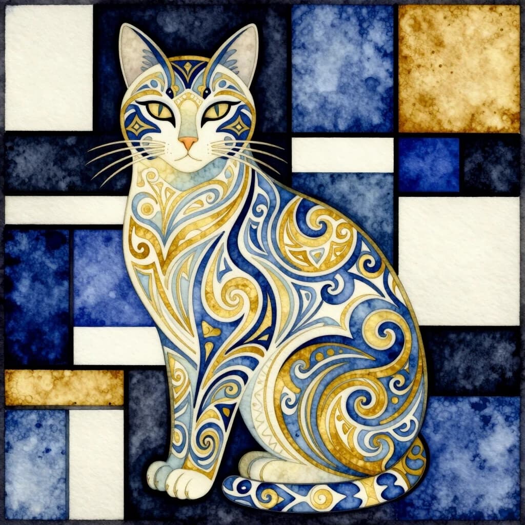 Watercolor in the Art Nouveau and Art Deco style. Vector art. ((On a dark geometric background with many squares and rectangles) (in the style of Mondrian). (Many ornaments). Elements of Palekh painting. An ornament in the shape of a surreal cat, with intricate patterns that form a light pastel figure of a sitting cat. Double exposure with blue and gold patterns. Close-up. Intricate patterns in the Gzhel style. Fractal curls. Shades of blue and gold. Style: Art Deco, Art Nouveau, Renaissance. Detailed composition on an abstract, suprematist background. A mesmerizing visual spectacle. In the style of Aivazovsky and Katsushiki Hokusai, and Piet Mondrian. High quality and detail.