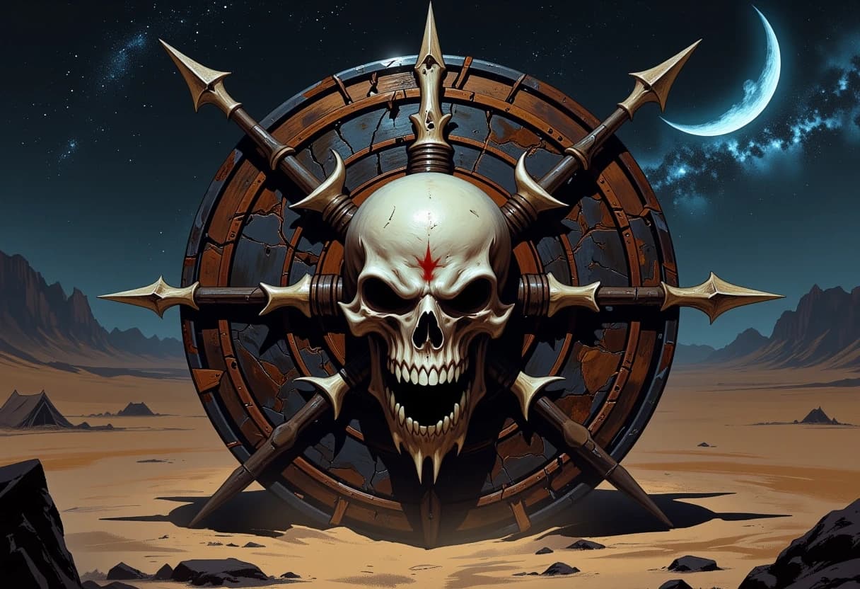 Circular emblem of a fierce, warlike desert tribe, centered composition. In the foreground, a weathered tribal shield made of dark hide and bone ornaments, overlaid with two crossed spears featuring sharp, jagged bone tips, with huge screaming skull in the center . The background features a vast, mystical nocturnal desert under a massive crescent moon and a shimmering Milky Way galaxy. Artistic style of a high-detail fantasy game icon, digital painting with heavy texture. Lighting: dramatic rim lighting from the moonlight, deep cinematic shadows, and a fair glow from campfire. Lightings on the background. Mood: primal, menacing, and epic. Details: fine cracks in the bone, sand grains caught in the shield's texture, silhouettes of distant dunes, and a starry night sky. High contrast, hyper-realistic textures, volumetric lighting, 8k resolution.