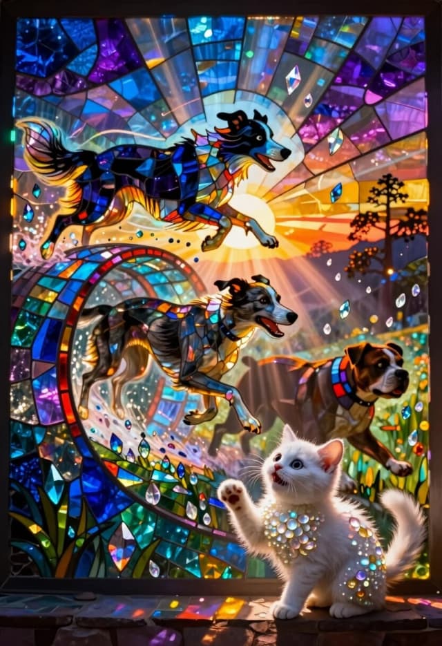 Surreal luminous stained glass mosaic mural, every element composed of countless tiny iridescent crystal shards and colored glass tesserae. A high-energy dog race across a fantastical obstacle course: a border collie leaps over a glowing archway made of prismatic glass; a greyhound sprints through a tunnel of swirling light; a bulldog barrels through a cascade of floating crystal droplets. The dogs’ muscles and fur are rendered as flowing layers of glass fragments that catch and refract the light, creating streaks of motion.

In the foreground, a tiny fluffy white kitten sits on a low stone ledge, wide-eyed and cheering with tiny paws raised. Its fur is a mosaic of opalescent and pearl-white shards, glowing with inner radiance. The kitten’s expression is pure excitement — it’s the most invested spectator.

The background is a layered mosaic sky: deep violets and blues fading into sunset golds and pinks. Volumetric beams of light pierce through the gaps between the glass elements, illuminating the dogs mid-leap and turning their silhouettes into glowing outlines. Floating glass motes drift in the air like confetti, catching the light in prismatic flashes.

Color palette: vibrant magentas, electric blues, deep purples, and warm ambers; iridescent highlights on every shard. Mood: frenzied energy, joyful competition, pure motion.

Technical: luminous stained glass mosaic style, iridescent crystal shards, prismatic light reflections, ethereal glow, intricate glass tesserae, volumetric soft lighting with fast drop-off, strong chiaroscuro, hard silhouette edges for the dogs, motion blur on the dogs’ limbs rendered as streaks of colored glass, glowing floating particles with bloom effect, subsurface scattering on translucent fragments, heavy atmospheric haze to separate the planes and enhance depth.