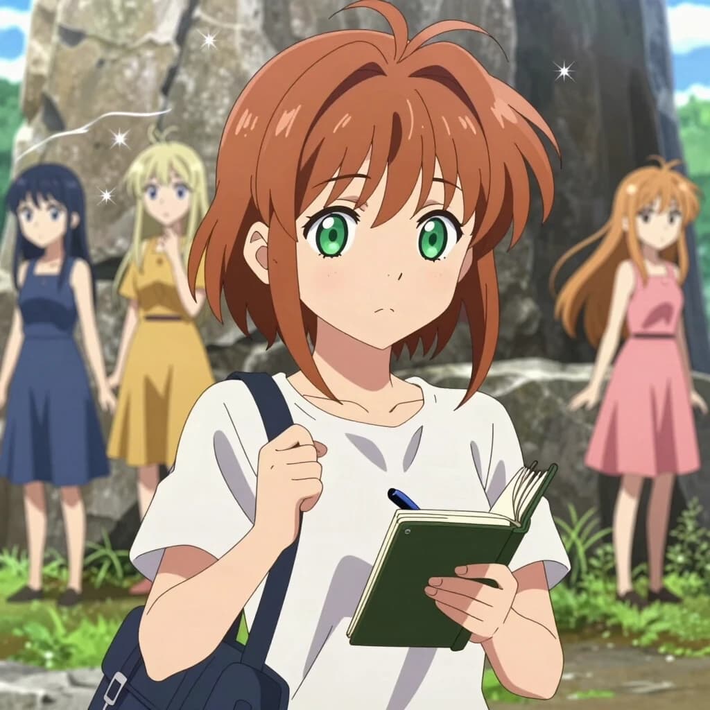 Anime-style portrait, medium close-up, modern Japanese animation style. A young girl with short, slightly tousled chestnut hair and calm green eyes. She’s in a hurry but not panicked: one hand holds the strap of a small bag, the other scribbles something in a tiny notebook.«аниме-стиль, У основания огромного камня стояли ЛиЭде, Зарика, Ятика, Еленора. Не голограмма, не легенда — живые. Их платья чуть колыхались от ветра, в волосах блестели тонкие нити света, а в глазах было любопытство, смешанное с лёгкой тревогой.