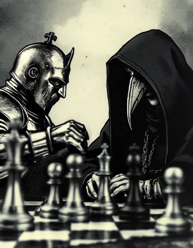 Blurred ink stains depicting a chess game between a medieval knight and a woman in a black cloak with a hood, wearing a plague doctor’s mask with a beak.