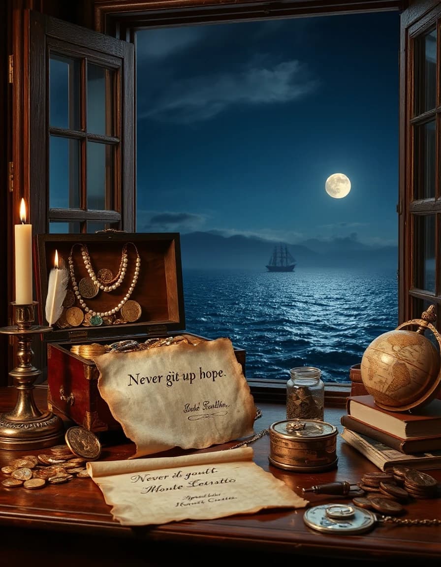 The window is open, and behind it is the night sea with the reflection of the moon, and in the distance the silhouette of a frigate. In front of the window is an antique 18th century mahogany table.on the table on the left is a casket with the lid open backwards. The casket contains gold coins, jewelry, pearl necklaces, and precious stones. On the left side of the casket is a candlestick with a burning candle and an open locket.gold coins. in front of the casket is a sheet of paper with uneven curved edges.It says Never give up hope. Signed below is the Count of Monte Cristo. to the right, an inkwell with a goose quill. Next to it, an old globe, stacks of coins, a stack of books, and a gold watch with a chain
