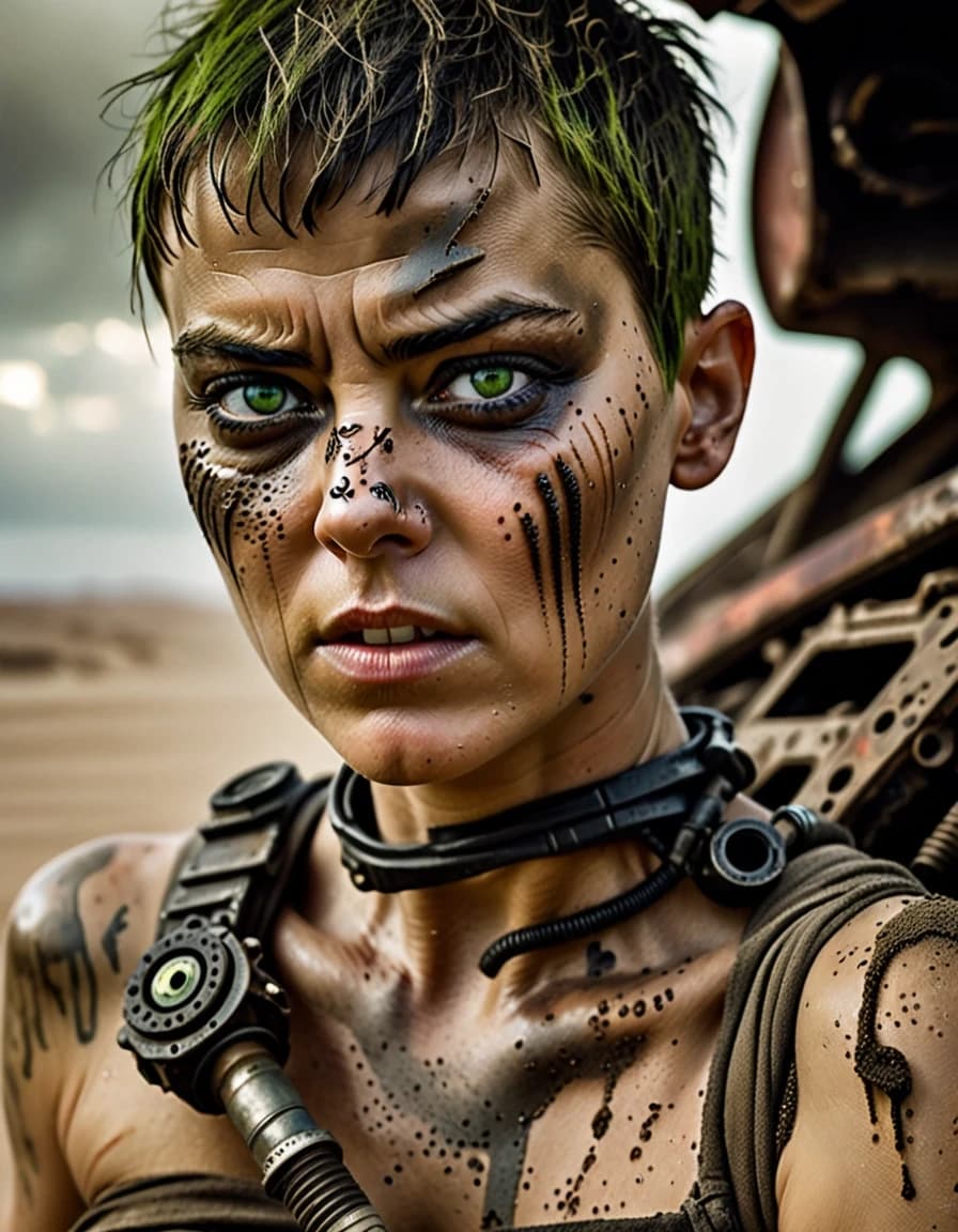 Extreme cinematic close-up portrait of Furiosa. Short cropped hair, a dust-covered face marked by a brutal journey, piercing green eyes and an intense determined expression. Tiny scratches and traces of sand are visible on her skin. Her mechanical prosthetic arm partially enters the frame, covered in weathered metal. A blurred wasteland, rusted vehicles and clouds of dust form the background. Harsh sunlight emphasizes her facial features and metallic details. A powerful woman who has survived unimaginable hardship while preserving her inner strength. Photorealistic, cinematic portrait, ultra-detailed skin, dramatic lighting, shallow depth of field, vertical movie poster.
