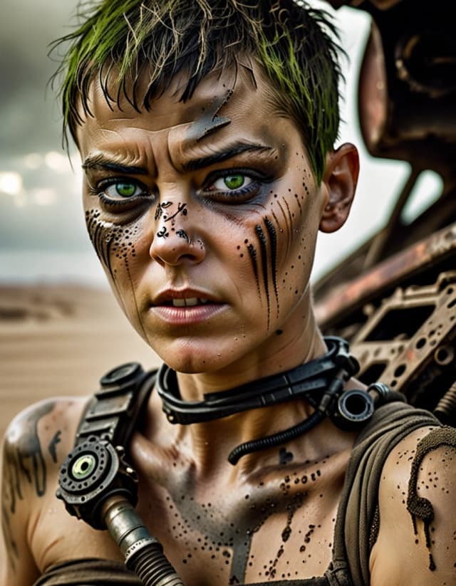 Extreme cinematic close-up portrait of Furiosa. Short cropped hair, a dust-covered face marked by a brutal journey, piercing green eyes and an intense determined expression. Tiny scratches and traces of sand are visible on her skin. Her mechanical prosthetic arm partially enters the frame, covered in weathered metal. A blurred wasteland, rusted vehicles and clouds of dust form the background. Harsh sunlight emphasizes her facial features and metallic details. A powerful woman who has survived unimaginable hardship while preserving her inner strength. Photorealistic, cinematic portrait, ultra-detailed skin, dramatic lighting, shallow depth of field, vertical movie poster.