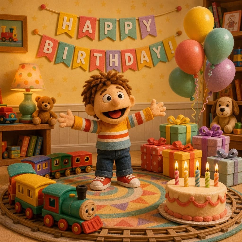 The style of a puppet cartoon: in the center of a cozy children’s room — a preschool‑age boy; he joyfully spreads his arms, as if he wants to embrace the whole celebration; there’s an enthusiastic smile on his face, and his eyes are shining. Around him, a toy steam locomotive with three carriages is moving smoothly in a circle — the wheels are slightly raised, as if in gentle motion; the railway is laid out with neat rails that curve around the patterned carpet. On the floor nearby — a small cake with five candles, a pile of colorful gift boxes tied with ribbons, and several balloons — they seem to have just escaped from someone’s hands and are now gently floating above the floor, slightly overlapping each other. On the wall — a garland of flags that forms the words “HAPPY BIRTHDAY!” The lighting is warm and diffused, like from a table lamp: soft shadows emphasize the volume of the toys and the texture of the items, and the highlights are neat and not too bright. The palette is bright and cheerful: sunny yellow, coral, mint green, lavender, and warm cream — the colors echo each other between the balloons, gifts, and flags, creating a sense of a truly joyful celebration. The composition is frontal, with a medium shot — so that the boy, the moving train, and all the festive details are clearly visible; the mood is truly festive and cozy, like in a kind children’s cartoon.