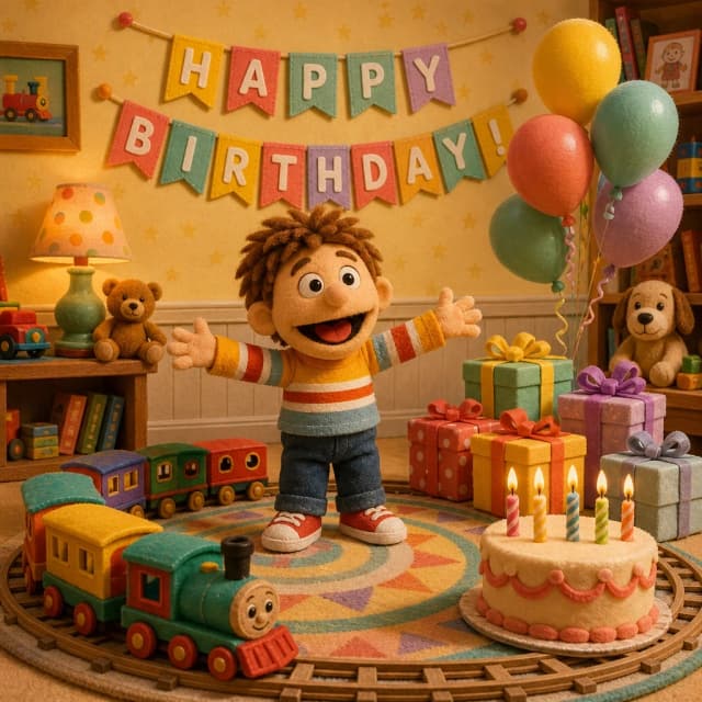 The style of a puppet cartoon: in the center of a cozy children’s room — a preschool‑age boy; he joyfully spreads his arms, as if he wants to embrace the whole celebration; there’s an enthusiastic smile on his face, and his eyes are shining. Around him, a toy steam locomotive with three carriages is moving smoothly in a circle — the wheels are slightly raised, as if in gentle motion; the railway is laid out with neat rails that curve around the patterned carpet. On the floor nearby — a small cake with five candles, a pile of colorful gift boxes tied with ribbons, and several balloons — they seem to have just escaped from someone’s hands and are now gently floating above the floor, slightly overlapping each other. On the wall — a garland of flags that forms the words “HAPPY BIRTHDAY!” The lighting is warm and diffused, like from a table lamp: soft shadows emphasize the volume of the toys and the texture of the items, and the highlights are neat and not too bright. The palette is bright and cheerful: sunny yellow, coral, mint green, lavender, and warm cream — the colors echo each other between the balloons, gifts, and flags, creating a sense of a truly joyful celebration. The composition is frontal, with a medium shot — so that the boy, the moving train, and all the festive details are clearly visible; the mood is truly festive and cozy, like in a kind children’s cartoon.