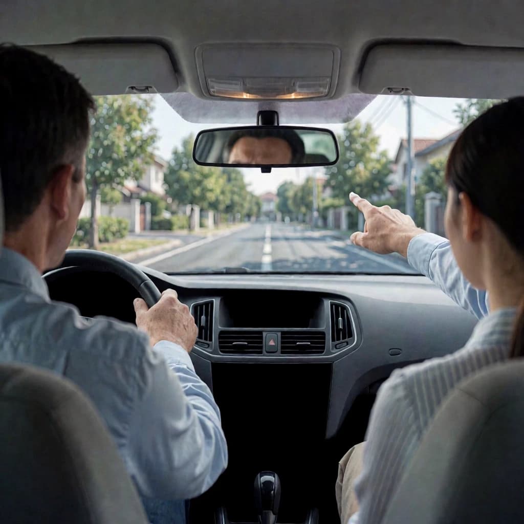A driving instructor and a student inside a car, the instructor pointing at the road ahead, dashboard and rearview mirror visible, suburban street with trees outside, realistic interior lighting, crisp details, 85mm lens, editorial photography style, natural skin texture, negative prompt: over-sharpened skin, waxy skin, cartoon style