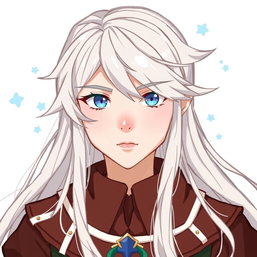 A 14-year-old boy with long, flowing white hair and blue eyes. He is serious and dressed in a fantasy costume. Illustration. Attention to detail.