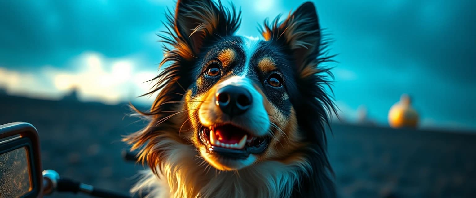 designed by Julio Shimamoto, Bill Medcalf, close up of a Gritty Playful Shetland Sheepdog, masterpiece, Hurricane, soft light, Nikon Z9, 35mm, grimy, cinematic light, detailed, magnificent, sharp focus, highly contrasted, artistic, dynamic background, modified, contemporary fine detail, dynamic dramatic atmosphere, illustrious