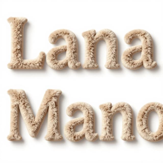 Background: use provided beige plush photo as the background. Create the word 'LanaMano' in soft 3D tufted letters, color matching the beige tone of the photo, with detailed fur texture, subtle bevel and shading. Letters should partially intrude into the foreground of the image, overlapping the bottom area, so the logo looks like it’s touching and merging with the photo. Add a gentle highlight on the top-left of the letters and a soft drop shadow to lift them from the background. Composition target: 1:1 square for Instagram post; render with transparent background (PNG) so it can be overlaid on the photo. Style: photorealistic, cozy, warm lighting. Output: PNG with alpha channel   создай фон, чтобы он подходил к этим буквам, а не просто белое полотно и добавь под буквами тень от текста