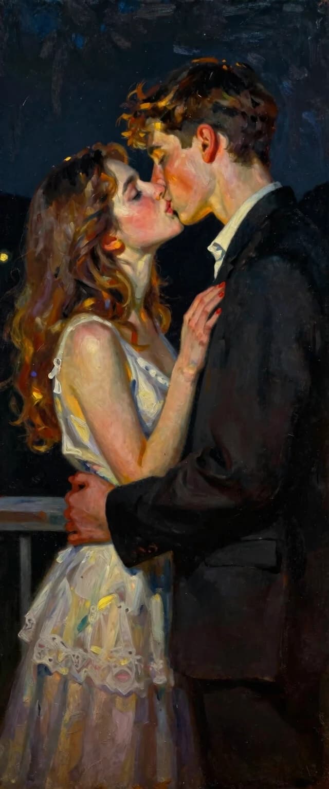 Oil painting, romance, first kiss, a 20-year-old boy and an 18-year-old girl, night, lighting like from a candle or torch, dark background, Daniel Gerhartz style