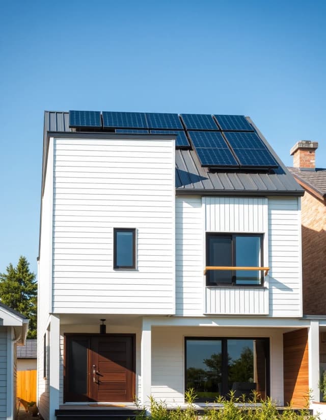 Vertical architectural presentation, minimalist two-story frame house, white and grey wood facade, clean geometric lines, solar panel installation on the roof, sunny afternoon, cinematic look.