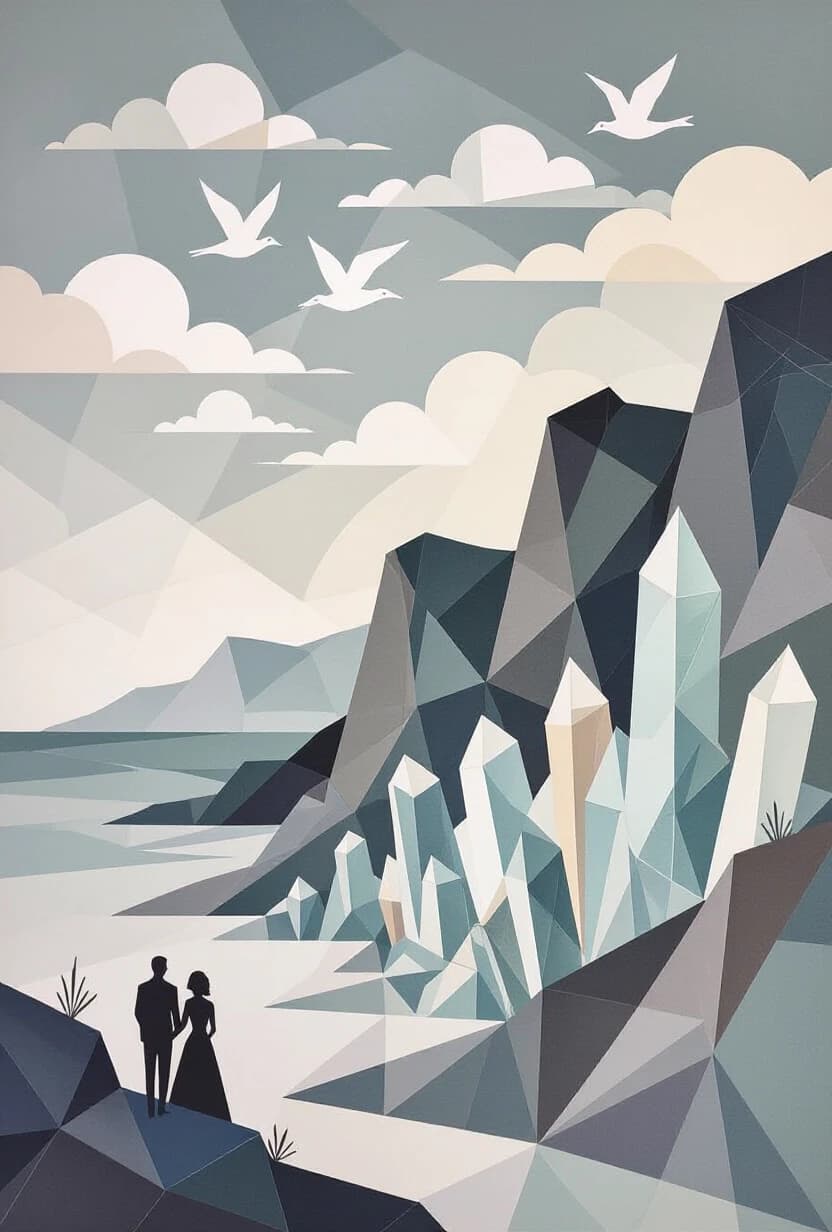 A polygonal pattern on canvas, a scroll, angular bold lines, stencil watercolor, a high plateau with translucent stalagmites, a pearl-gray sea below, glass birds above, clouds and silhouettes of a woman and a man, glass birds in the sky, a minimalist palette.