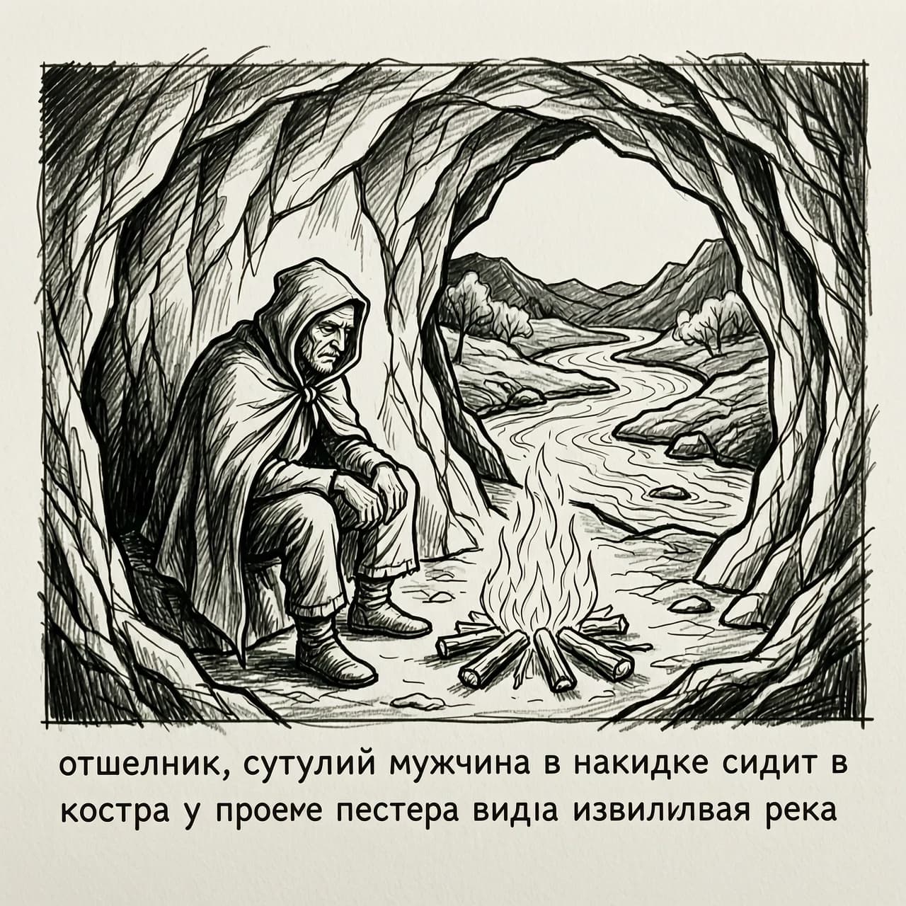 черно-белый рисунок карандашом без слов на рисунке
по тексту:  отшельник, сутулый мужчина в накидке сидит в пещере у костра в проеме пещеры видна извилистая река