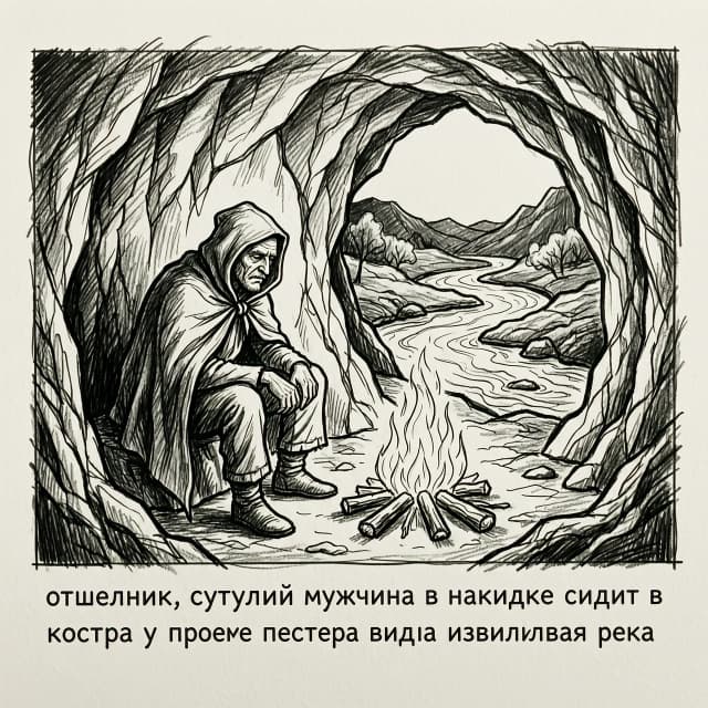 черно-белый рисунок карандашом без слов на рисунке
по тексту:  отшельник, сутулый мужчина в накидке сидит в пещере у костра в проеме пещеры видна извилистая река