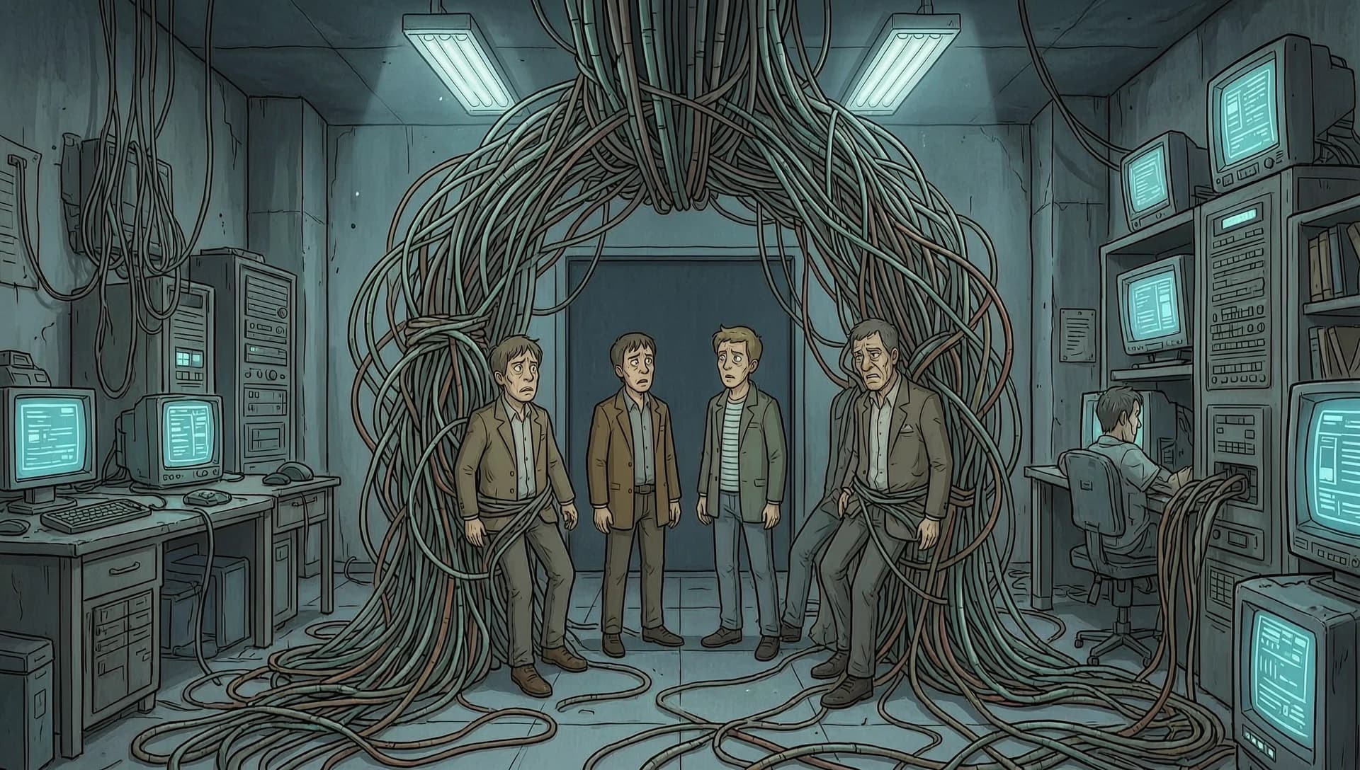 people trapped in wires in the computer infested room