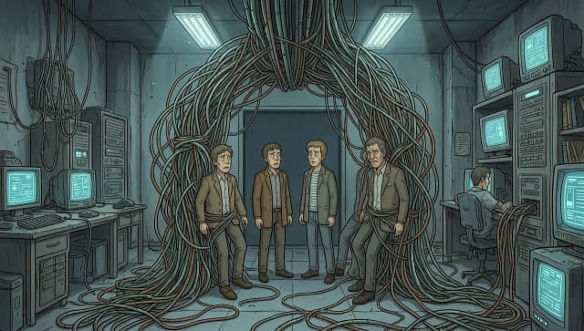 people trapped in wires in the computer infested room