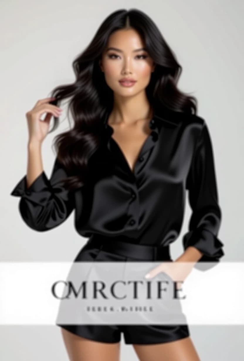 A fashion portrait of a slim woman with flowing wavy long black hair cascading over her shoulders. She wears a luxurious black silk shirt with a subtle sheen that drapes elegantly against her figure, paired with sleek black satin shorts that catch the light with a smooth, lustrous finish. The woman poses confidently with one hand running through her hair, her expression serene and composed. The background features soft, diffused studio lighting that highlights the rich textures of the silk and satin fabrics while creating gentle shadows that accentuate her silhouette.