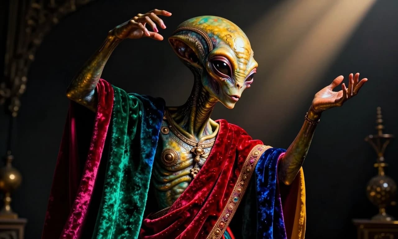 SUBJECT: A tight macro portrait of colorful alien hybrid, AI diffusion render, hyper-detailed digital synthesis, Baroque tenebrism, dramatic single-source raking light, deep umber shadow, diagonal dynamic composition, theatrical gesture, rich velvet and satin rendering, fused with Art Brut / Outlier, Indian Mughal miniature, Persian miniature, West African bronze casting influence, chaotic and violent atmosphere, palette of deep black ground, gold, crimson velvet, flesh highlight Adjust all colors, emphazing and introducing more hues as well as strong complimentary gradient colors switching and rearranging the palette accordingly. Then proceed applying and incorporating a "(60, 30, 10 :: phi-ratio incorporating a strict color palette color psychology)" to keep the viewers' eye transposed as well as making the viewers' eyes wanting to wander the canvas. Apply a more volumetric lighting shining radiantly from above with a great amount of subsurface scattering throughout. Introduce more hues of every color into the palette keeping a Fibonacci number of 13 colors mixed with many gradients of values and hues to make more colorful. Render paint with mineral oils to keep a wet looking value with a professional intelligent approach. Strict preservation on reflective surfaces + subjects that are organic and inanimate. Make composition and perspectives adheringly strict using a phi-ratio of 1.3 — Apply a Tamron 85mm f/1.8 Di VC USD camera lens.

STYLE: Hyper-detailed alien Baroque tenebrism fused with Art Brut mark-making, Mughal and Persian miniature ornament, and West African bronze-casting motifs, guided by Void Transformer and Air Messenger symbolism.

LIGHTING: Radiant overhead volumetric beam with single-source raking highlights, deep umber tenebrist shadows, strong subsurface scattering, and preserved mirrorlike reflections.

CAMERA: Tight macro portrait through a Tamron 85mm f/1.8 Di VC USD lens, shallow depth of field, crisp focal plane, cinematic compression.

COMPOSITION: Diagonal theatrical gesture locked to a strict 1.3 phi-ratio structure, close-cropped asymmetry, wandering eye-path through face, fabric, bronze, and ornament.

COLOR: Fibonacci 13-color palette using 60/30/10 psychology: deep black, void magenta #E84393, air lavender #9B89C4, antique gold, crimson velvet, teal, emerald, indigo, saffron, bone flesh, copper, ultramarine, and acid green in complementary gradients.

TEXTURE: Wet mineral-oil paint sheen over velvet, satin, translucent alien skin, polished bronze, carved ornament, and rough Art Brut scratches.

RENDER: AI diffusion digital synthesis with hyper-real volumetric anatomy, luminous organic-inanimate hybridity, saturated gradient hues, and professional high-detail painterly finish.

NEGATIVE PROMPT: blurry, flat lighting, dull palette, muddy colors, poor anatomy, extra eyes, warped face, plastic skin, low detail, text, watermark, frame, gore, photobash seams.
