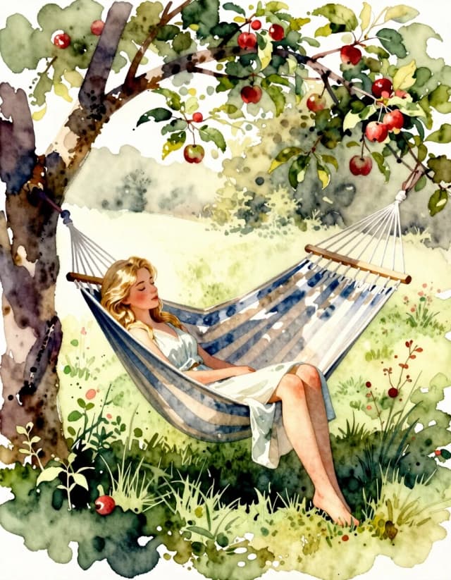 A masterpiece. Create an image. Watercolor painting style: ((Beautiful blonde girl):1.6 dozing in a hammock under the apple trees in the garden):1.6, clear edges, clear textures, volumetric composition, studio lighting, author's style, 8k resolution. High detail and clear texture. High quality. Increased attention to small details. The aspect ratio is 3:4.