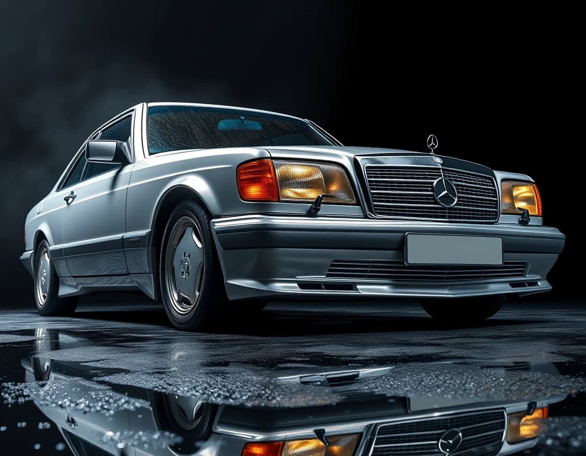 Subject: Mercedes-Benz 560 SEC W126 AMG widebody coupe, two-door
Color: silver metallic body, polished, deep reflective paint finish
Wheels: AMG Gullideckel monoblock wheels, silver multi-spoke deep-dish design, low-profile tires, lowered stance
Body modifications: genuine AMG widebody flares, AMG front bumper with integrated foglights and lip spoiler, AMG side skirts, rear AMG bumper with subtle ducktail spoiler on trunk
Details: chrome vertical grille with large Mercedes star, amber/orange front turn signal lenses, rectangular sealed headlights
Angle/Perspective: low front 3/4 angle, near ground level, dramatic upward sweep emphasizing long flat hood and wide stance
Lighting: single dramatic side-top light source, deep shadows, chiaroscuro style, headlights subtly glowing warm white
Background: pure black, no environment details, studio void
Ground surface: wet asphalt, reflective, scattered raindrops
Reflection: sharp mirror reflection of car and lights on wet ground
Atmosphere: subtle fog/haze in background
Color grading: high contrast, cool silver tones against deep black, warm amber accents from turn signals, cinematic
Mood: elegant, powerful, timeless luxury aggression, "Gentleman's muscle car"
Camera: wide-angle lens feel, slight distortion emphasizing long hood and width
Quality: photorealistic, automotive magazine cover quality, 8k detail, sharp focus on wheel and grille details
Composition: vertical/portrait orientation, car centered slightly left, long hood leading into frame