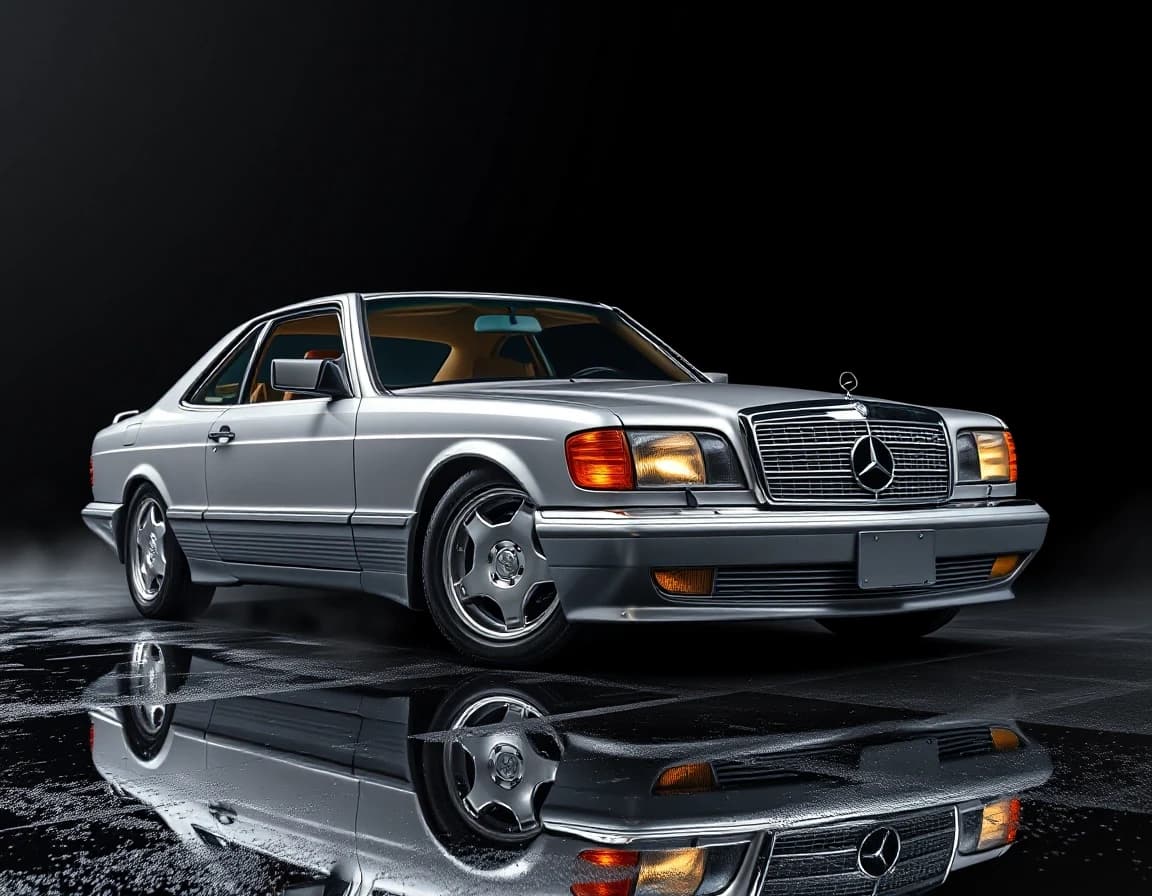 Subject: Mercedes-Benz 560 SEC W126 AMG widebody coupe, two-door
Color: silver metallic body, polished, deep reflective paint finish
Wheels: AMG Gullideckel monoblock wheels, silver multi-spoke deep-dish design, low-profile tires, lowered stance
Body modifications: genuine AMG widebody flares, AMG front bumper with integrated foglights and lip spoiler, AMG side skirts, rear AMG bumper with subtle ducktail spoiler on trunk
Details: chrome vertical grille with large Mercedes star, amber/orange front turn signal lenses, rectangular sealed headlights
Angle/Perspective: low front 3/4 angle, near ground level, dramatic upward sweep emphasizing long flat hood and wide stance
Lighting: single dramatic side-top light source, deep shadows, chiaroscuro style, headlights subtly glowing warm white
Background: pure black, no environment details, studio void
Ground surface: wet asphalt, reflective, scattered raindrops
Reflection: sharp mirror reflection of car and lights on wet ground
Atmosphere: subtle fog/haze in background
Color grading: high contrast, cool silver tones against deep black, warm amber accents from turn signals, cinematic
Mood: elegant, powerful, timeless luxury aggression, "Gentleman's muscle car"
Camera: wide-angle lens feel, slight distortion emphasizing long hood and width
Quality: photorealistic, automotive magazine cover quality, 8k detail, sharp focus on wheel and grille details
Composition: vertical/portrait orientation, car centered slightly left, long hood leading into frame